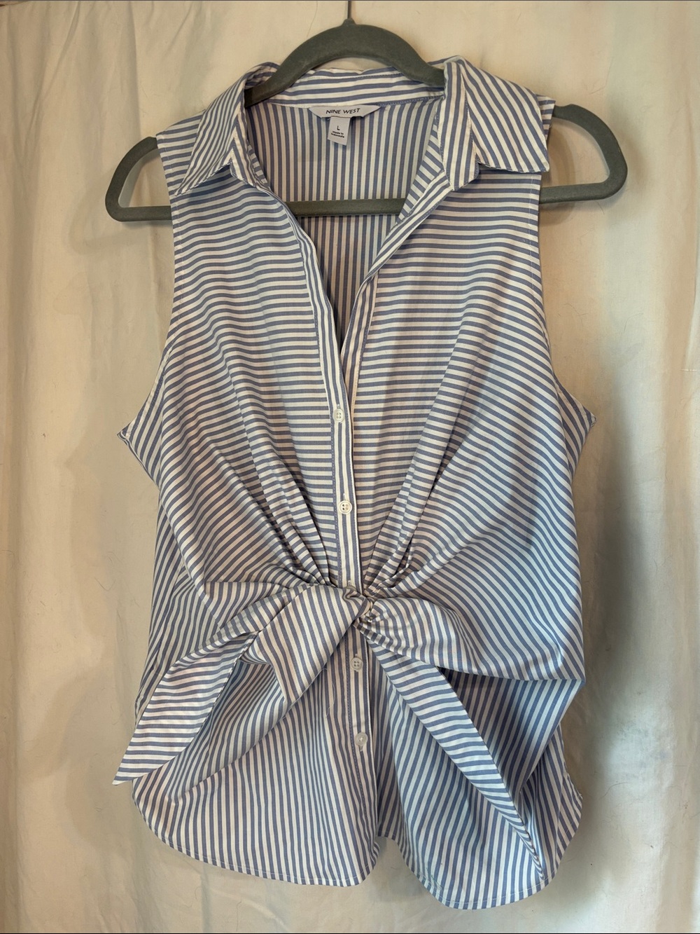 Nine West Blue & White Striped Sleeveless Button-Front Tie Top